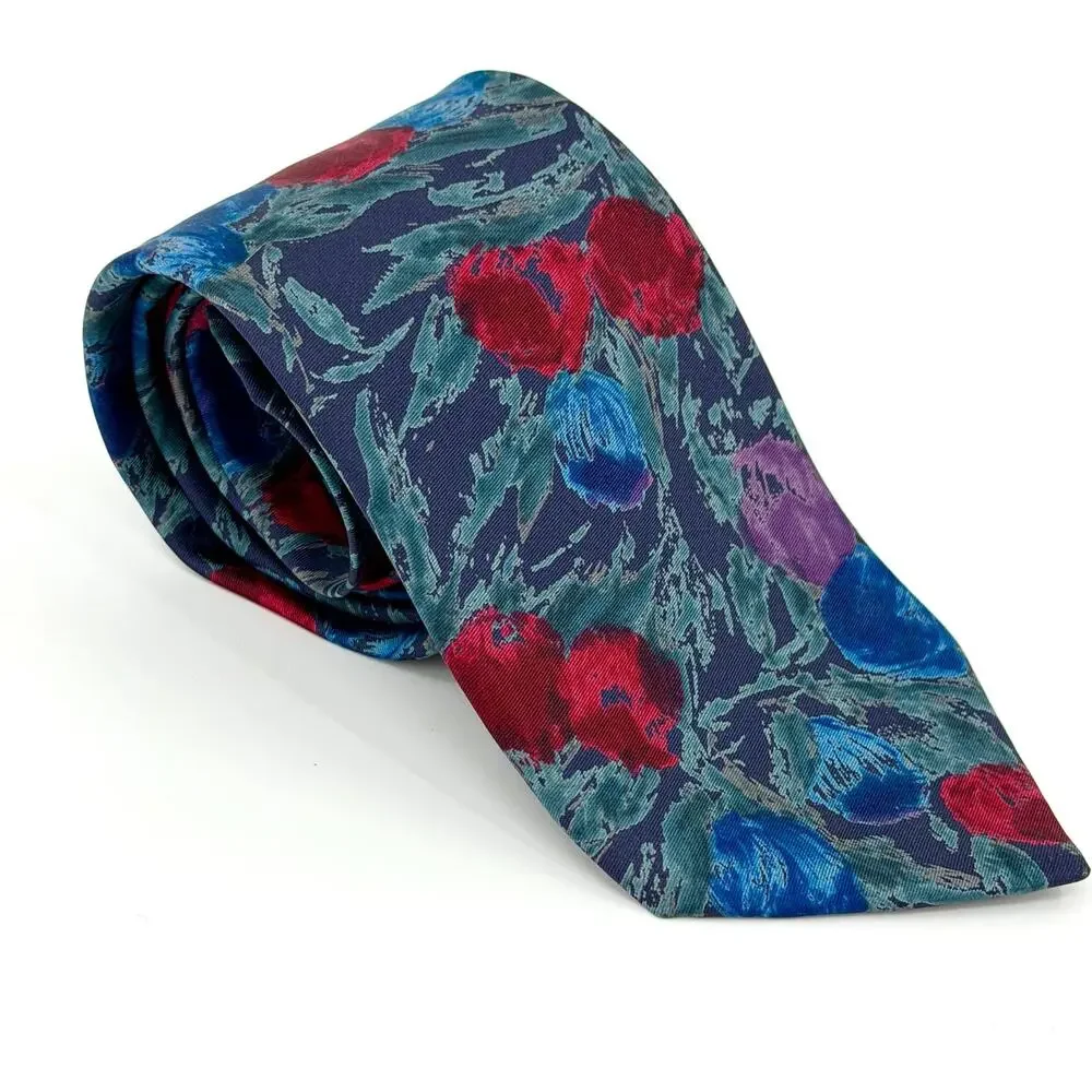 Vintage 90s Oleg Cassini Blue Red 100% Silk Floral Necktie